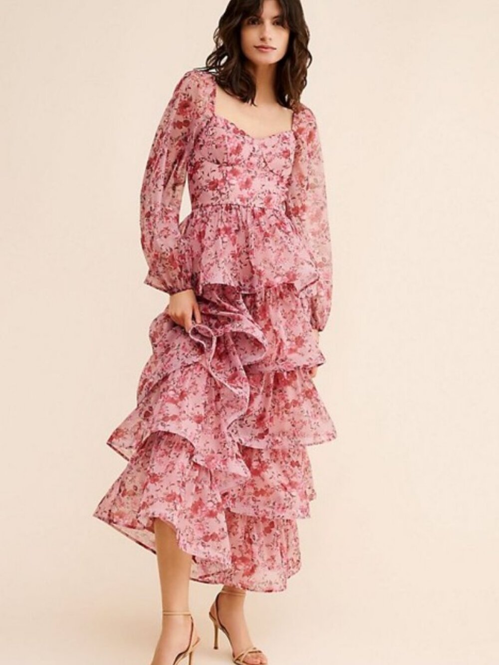 If by Sea Dress Long-Sleeve Tiered Maxi Pink Floral Chiffon Ruffle L